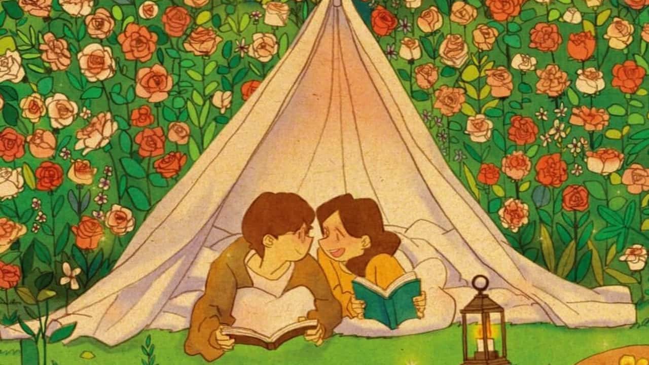 Exposição 'Amor está nas pequenas coisas' de Puuung no Centro Cultural Coreano, com ilustrações que capturam momentos cotidianos de amor e emoção.